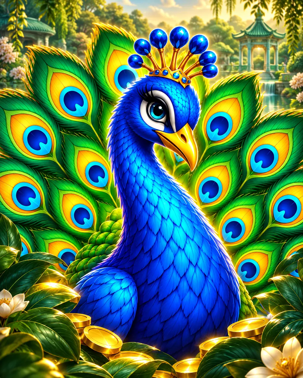 Marlow, a blue peacock with a jeweled crown, surrounded by emerald feathers and golden game coins
